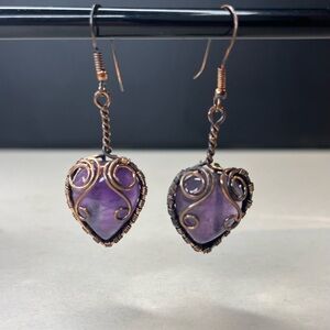 Amethyst and Copper Heart Earrings - Handcrafted in India
